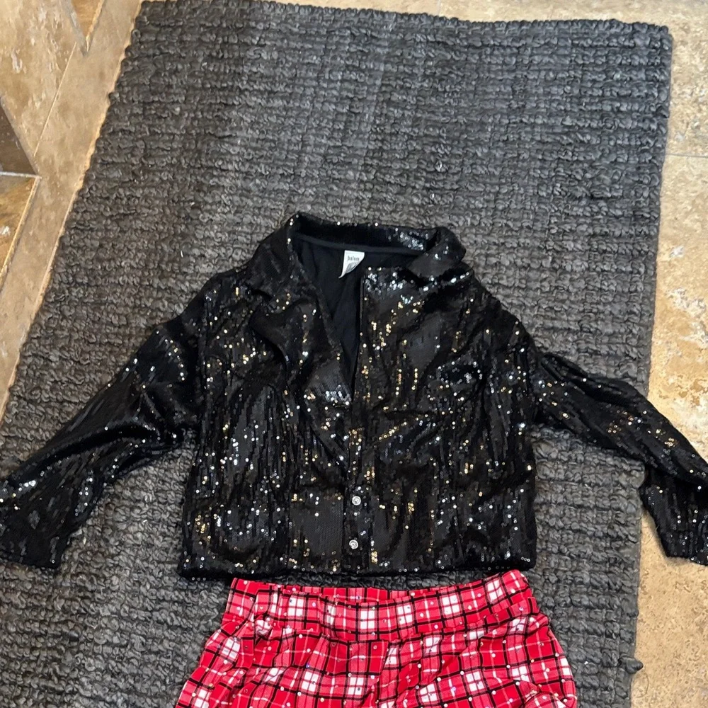 Black Sequin Jacket and Red Plaid Shorts